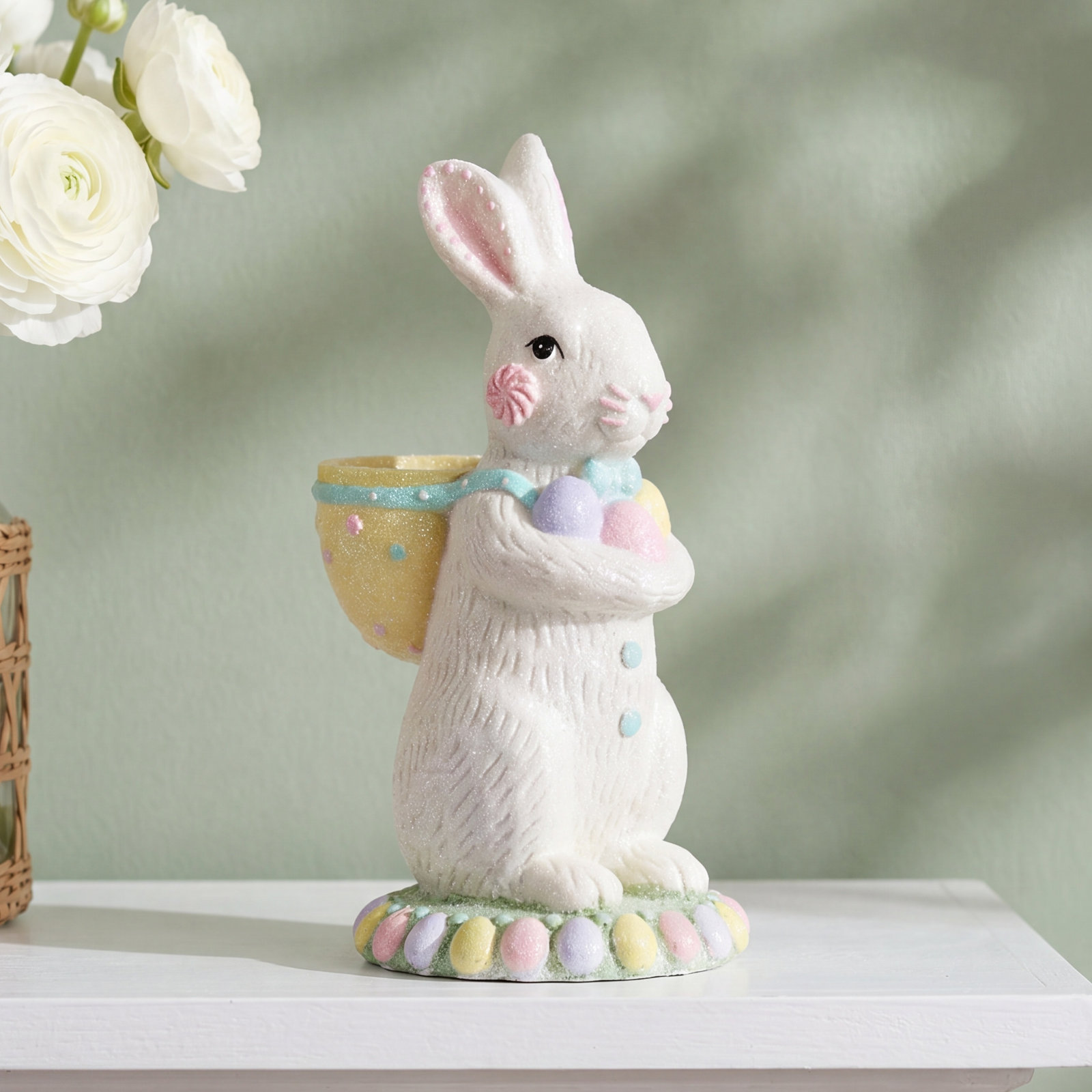 9" Resin Sugared Bunny With Basket