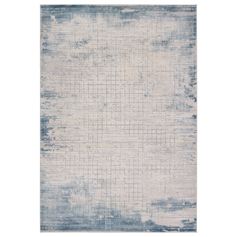 Tapis en polypropylène / polyester abstrait tissé à la machine en crème / bleu, Rectangle 10 pi x 14 pi