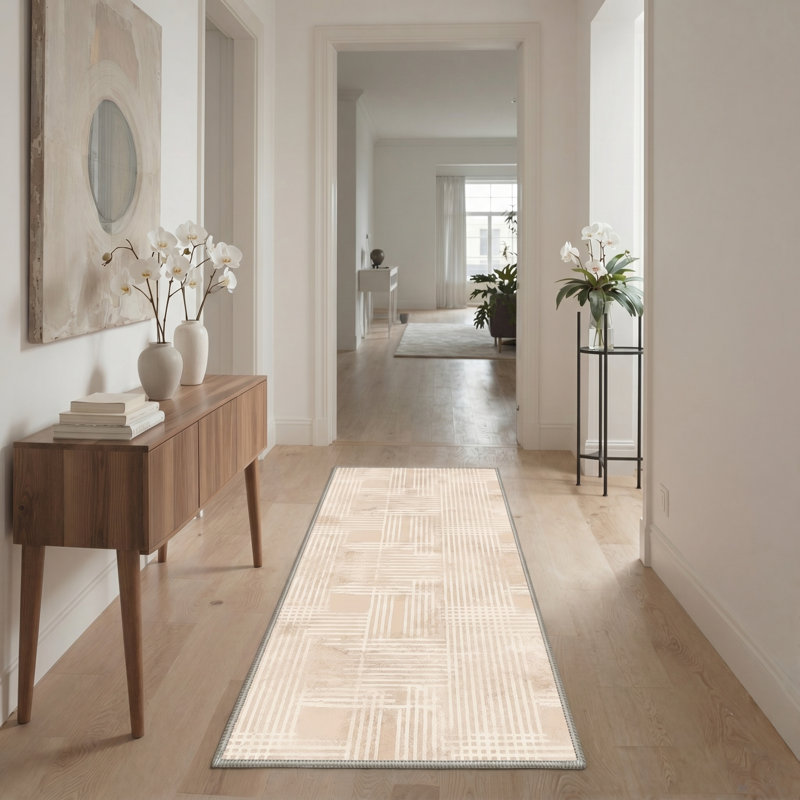 Gridline Geometric Machine Washable Beige Indoor Area Rug with Non-Slip Backing, Runner 2'6" x 8'