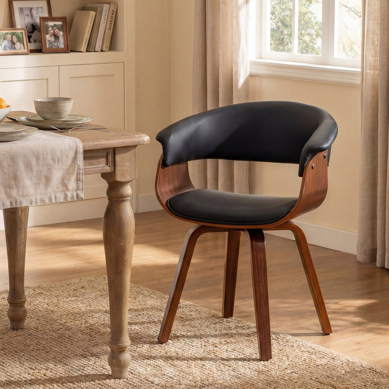 Upholstered Dining Chairs with Wooden Legs, Black Leather