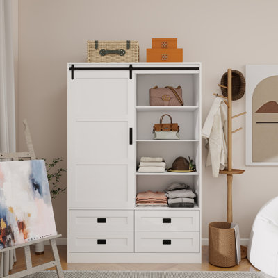 Wardrobe Closet With 4 Drawers, Large Storage Bedroom Armoires With Sliding Door And Hanging Rod For Bedroom by Gracie Oaks