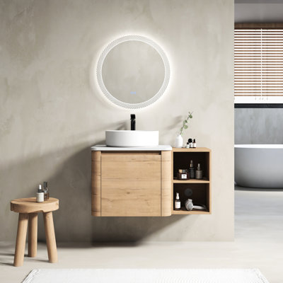 Meuble-lavabo contemporain avec lavabo d'art en céramique, nombreuses tablettes de rangement et charnières - Matériau en contreplaqué