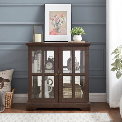 Antique Cherry Glass Cabinet With Adjustable Shelves, Elegant Design For Home And Dining Room Finish Led Lights, Retro