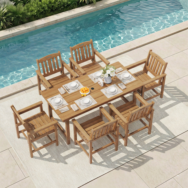 7-Piece HDPE Outdoor Dining Set with 66.9" Marble-Textured Table, 1.91" Umbrella Hole & 6 Wide Chairs—All-Weather Furniture for Porch, Deck, or Backyard