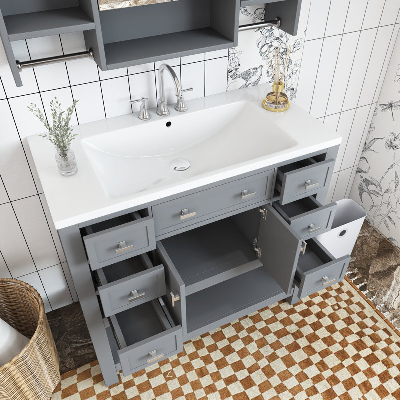 Ensemble de meuble-lavabo simple 36 po avec plateau en céramique et armoire à pharmacie Seta, Gris