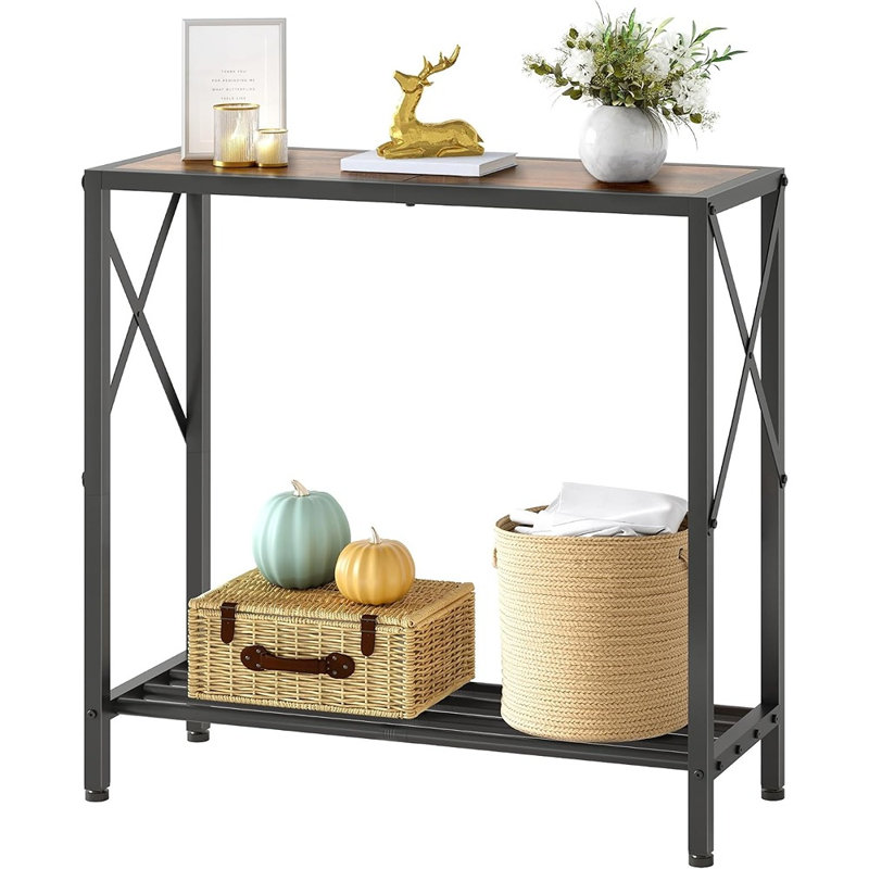 Console étroite à 2 niveaux avec structure en X, table d'appoint rustique brun avec étagères de rangement pour l'entrée et le salon