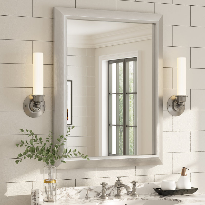 Amara Tempered Glass and Aluminum Alloy Framed Wall Mirror, 36" x 28", Brushed Silver