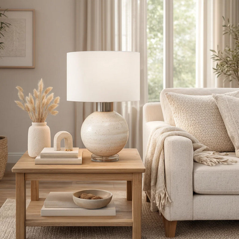 Lampe de table Sandy avec base ronde en résine beige, abat-jour en tissu ivoire, À 3 voies, 110