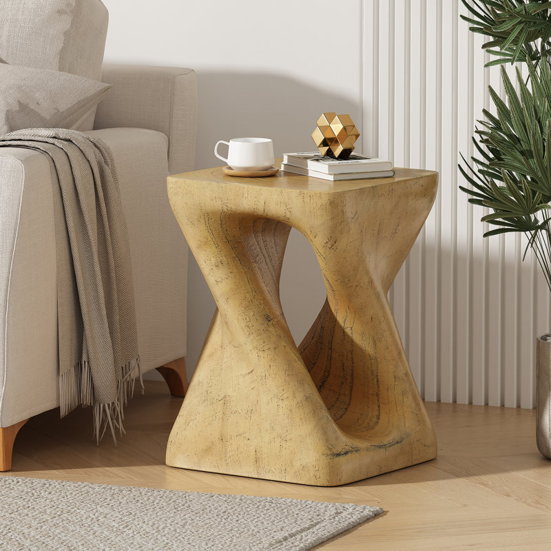 Table d'appoint MGO Twist Shape, texture semblable au bois, couleur naturelle, durable et résistante aux intempéries pour une utilisation intérieure et extérieure