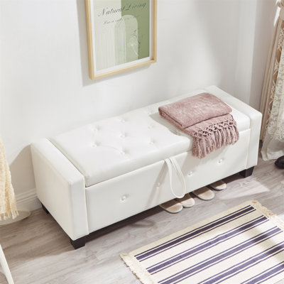 Banc avec repose-pieds 48 po avec rangement, banc pour chambre à coucher, salon, couloir, repose-pieds capitonné en similicuir PU ivoire