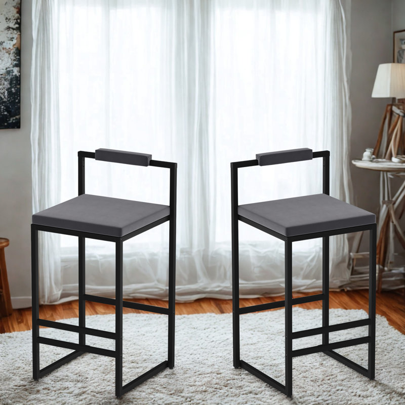 Tabourets de bar rembourrés en velours à hauteur de comptoir pour îlot de cuisine, ensemble de 2 chaises de salle à manger modernes avec repose-pieds et dossier (noir et gris)