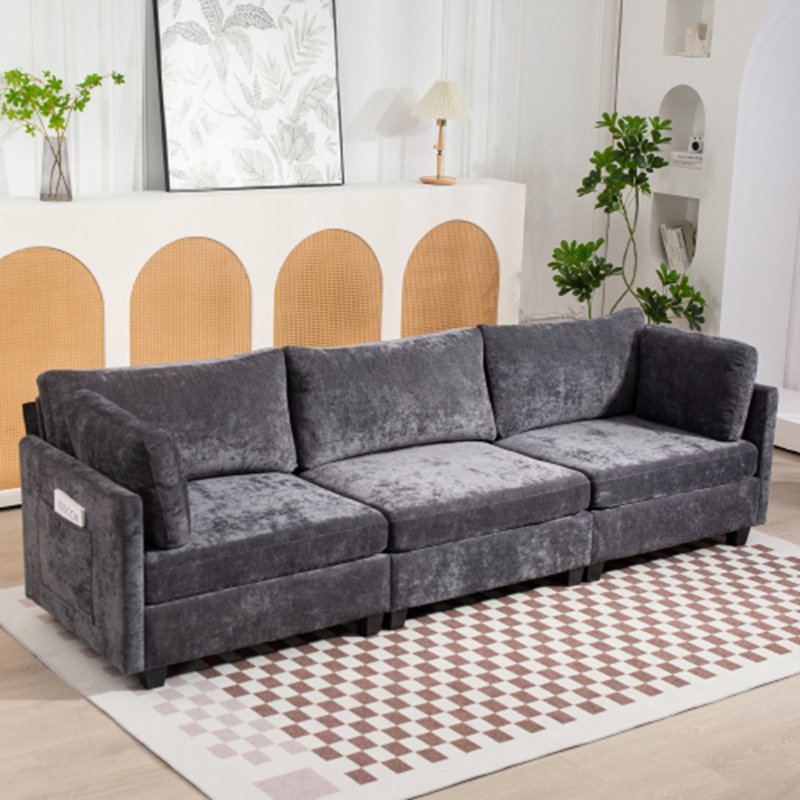 Canapé profond en chenille 3 places, Tissu gris foncé