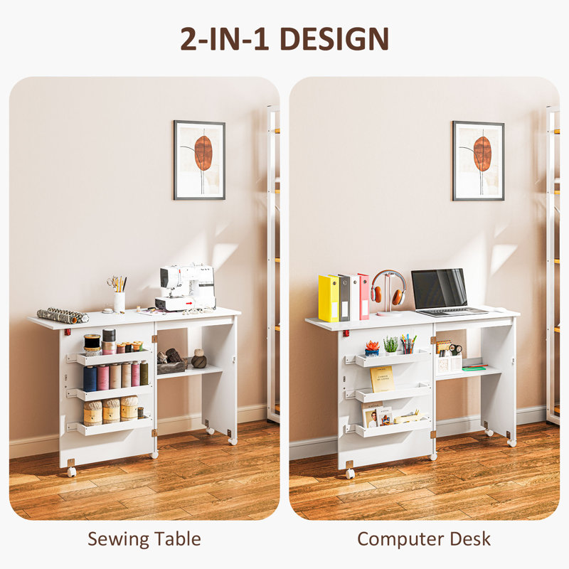 Folding Sewing Table Mobile Sewing Machine Cabinet with Shelf White