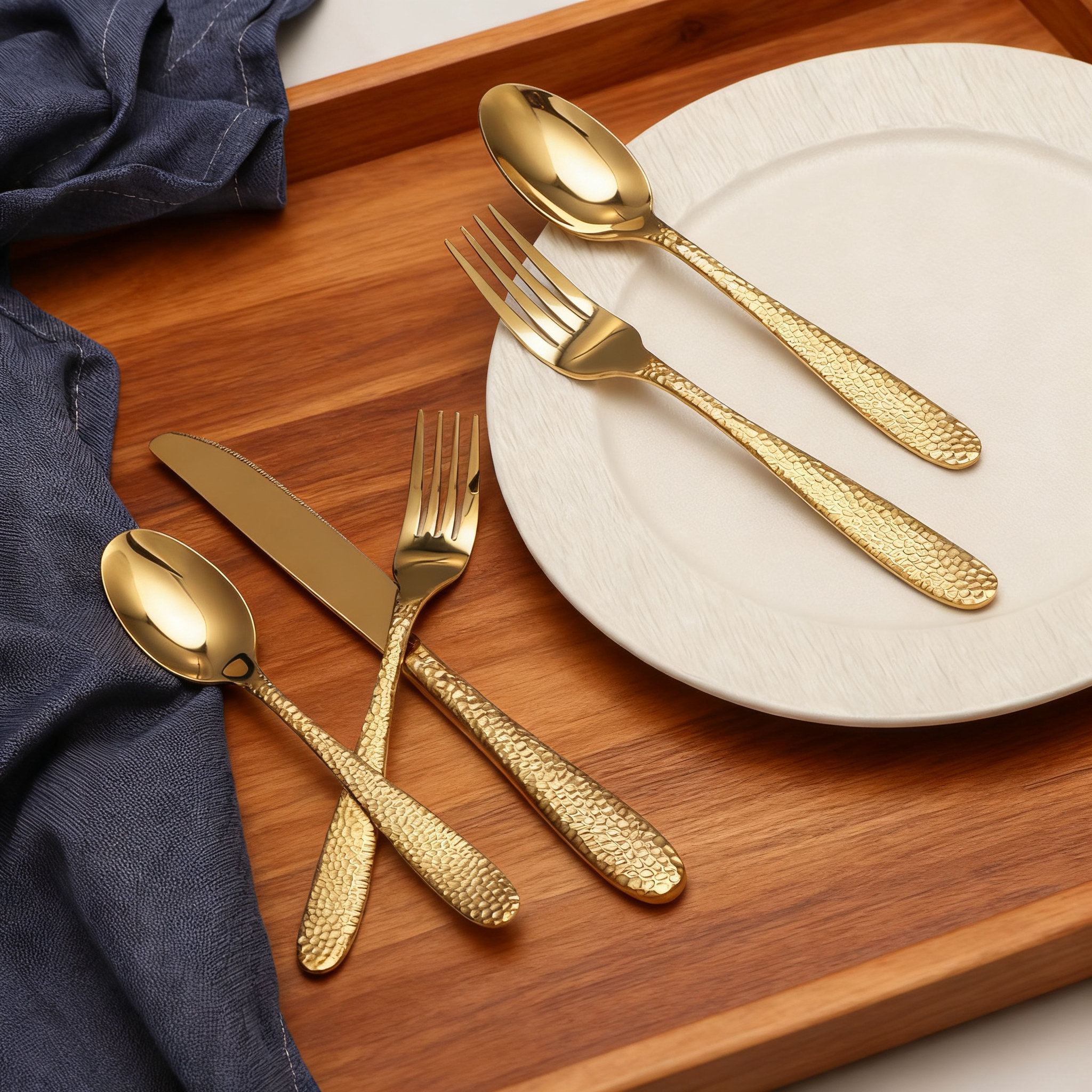 20-Piece Hammered Flatware Set For 4, Stainless Steel Gold Silverware Set With Mirror Polish, Heavy Duty Food-Grade Cutlery For Home And Restaurant Use, Dishwasher Safe - Gold