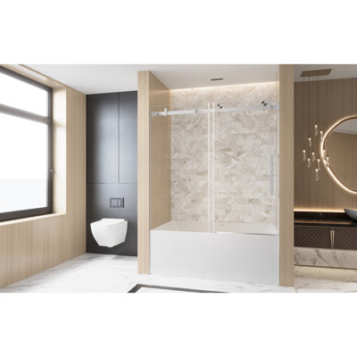 Porte de douche coulissante simple pour l'intérieur de salle de bain, l 56 à 60 po x H 60 po, verre trempé transparent de 1/4 po et 6 mm, couche de film protecteur, rail carré en acier inoxydable, grande poignée en nickel brossé,