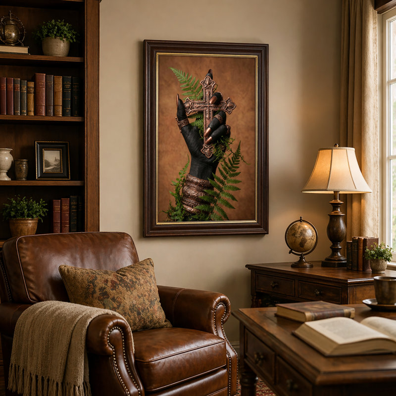 Art mural antique sur toile encadré doré pour le salon, la chambre à coucher, le bureau ou le vestibule - Décoration murale décorative avec croix foncée