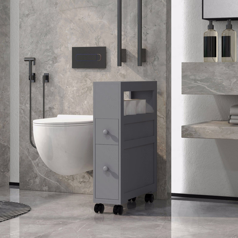 6.25" X 20.5" X 28.25" Wood Rolling Narrow Bathroom Side Storage Cabinet