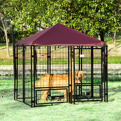 5' X Outdoor Pet Playpen - Heavy-Duty Steel Frame, Canopy, Rotating Bowl Holders, Walk-In For Dogs, Black And Red Dog Kennel Strong Construction With Water- Covering, Rotatable Bowls, Walk-In,