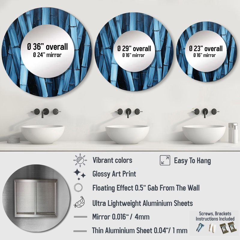 Serenity In Wild Blue Bamboo - miroir en bambou, miroir mural rond bleu, impression sur métal, 29 po x 29 po