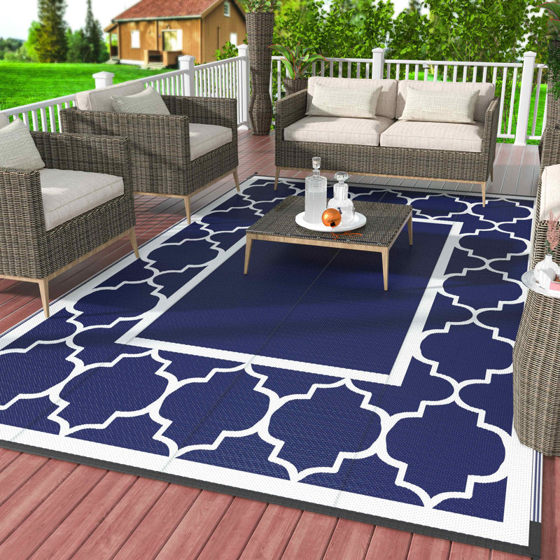 Tapis d'extérieur réversible imperméable à motif géométrique bleu et blanc, Rectangulaire 8 pi x 10 pi