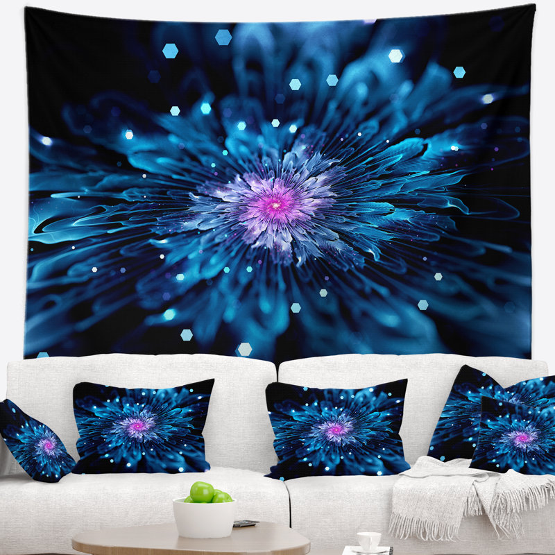 Tapisserie fleur bleue fractale avec particules brillantes, H 32 po x l 39 po