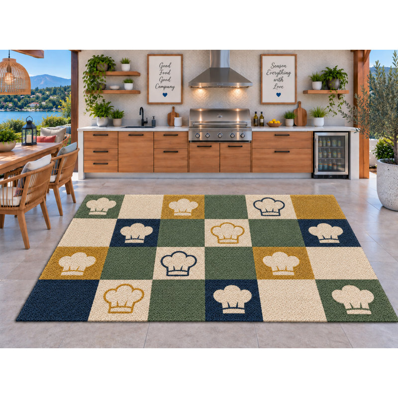 Tapis d'extérieur 152 x 213 cm, motif patchwork à carreaux en forme de chapeau de chef, couleur sauge, moutarde, marine et crème. Moquette épaisse en PVC imperméable à boucles, séchage rapide, idéale pour l'intérieur et l'extérieur (cuisine, porche, terrasse, entrée).