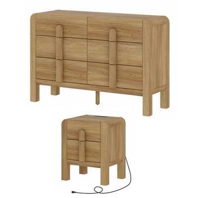 Ensemble de commode et table de chevet 6 tiroirs pour la chambre à coucher, ensemble de chambre à coucher 2 pièces, commode double à profil incurvé, commode en bois Mid-Century