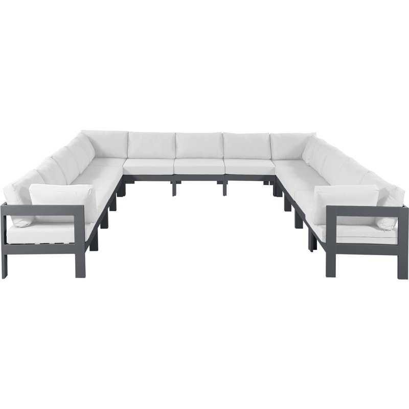 Canapé modulaire d'extérieur en forme de U avec coussins Lysandros, Blanc, Gris foncé