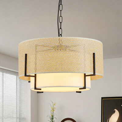 19.7''  Farmhouse Boho Chandelier,4-Light Hand Woven Rattan Pendant Light With Fabric Shade Rustic Drum Chandelier For Dining Room Kitchen Bedroom Foyer Entryway Living Room