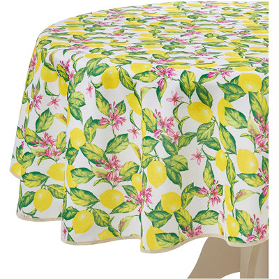 Red Barrel Studio European Lemon Citrus Floral Pattern, Polyester Woven Printed Fabric, Yellow, 60 Inch Round, Seats 4 To 6 People, Tablecloths
