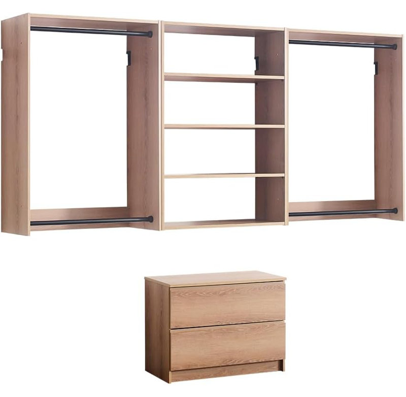 31.5 to 94.5in W Oak Modular Wall Mount Closet with Double Rods and 4 Shelves, Oak Wood