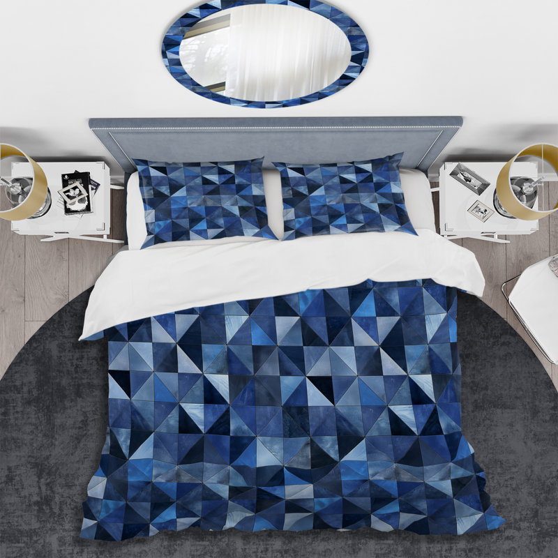 Blue Modern Triangles I - Ensemble de housse de couette moderne, Housse de couette très grand + 2 très grandes ta
