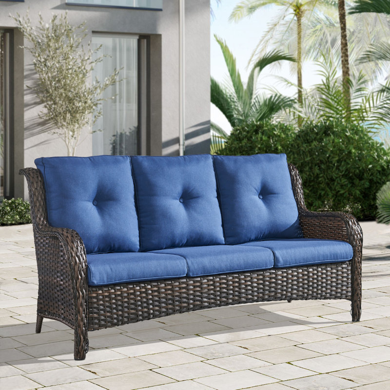 Canapé d'extérieur en osier de 75 po avec coussins Bonia, Bleu, Brun