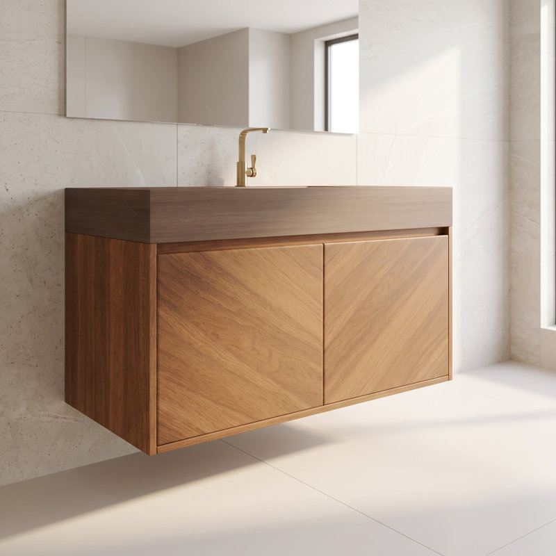 Meuble-lavabo mural simple de 76 cm (30 po) en noyer à chevrons, avec lavabo en céramique et comptoir en pierre frittée brun chaud