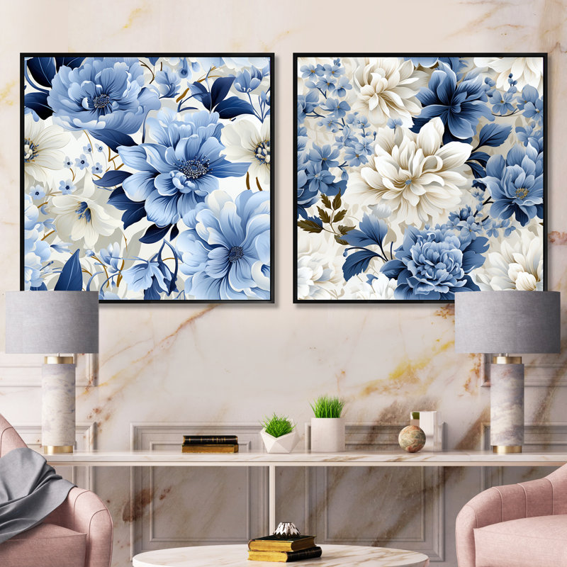 Motif floral victorien bleu et blanc - ensemble de 2 collages floraux carrés, Cadre flottant noir, H 30 po x l 61 po
