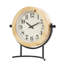 Horloge décorative en bois brun clair avec support en métal noir incurvé et détails de boule