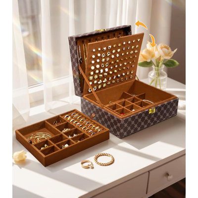 Jewellery Organizer Box For Women With Lock - 4 Layer Earring Case For Necklace Rings Bracelets - Valentine's Gift With PU Leather And Velvet Lining