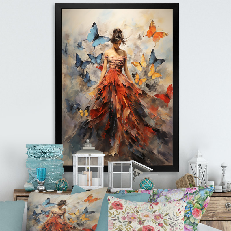Papillon et femme dansant I - art mural papillon, Cadre photo unique, H 44 po x l 34 po, Noir