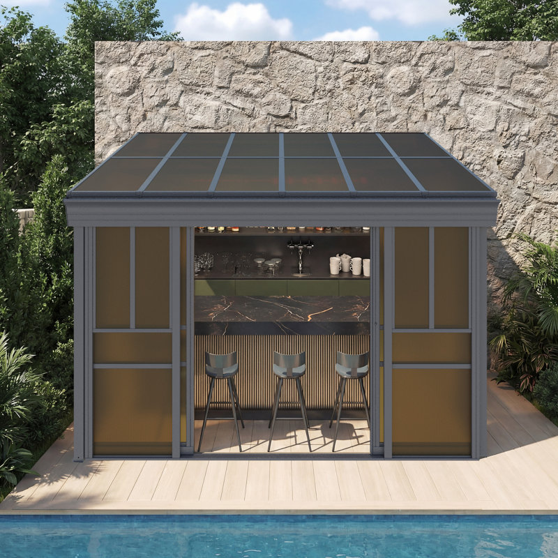 12 ft. W x 10 ft. D Outdoor Wall Mounted Sunroom Gazebo – All-Season Aluminum Solarium with Ventilated PC Double Roof, Sliding Doors, and Adjustable Screen Windows for Patio, Deck & Hot Tub, Gray