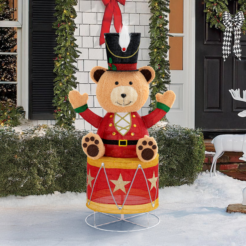 Sunjoy 57 inch Christmas Lighted Drumming Bear, 3D Tinsel Santa Drumming Bear Outdoor Indoor Garden Yard Lawn Festive Holiday Decoration with Lights 