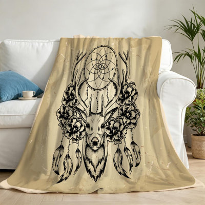 Black Ultra Soft Flannel Fleece Throw Blanket,Deer with Flowers and Single-Sided Print