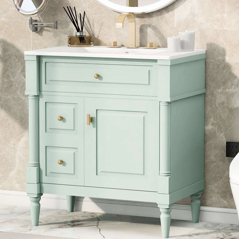 Meuble-lavabo 30 po avec lavabo, bois d'hévéa massif et meuble-lavabo autoportant avec rangement intelligent 30 po