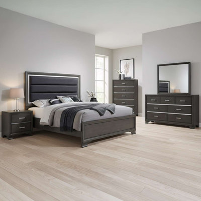 Ensemble de chambre avec très grand lit 5 pièces avec lit tapissier, commode, miroir, commode et table de chevet gris anthracite