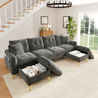 4 Seater Chenille Chaise End Sofa