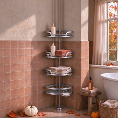 4 Tier Adjustable Tension Pole Corner Shower Caddy, Silver Gray Water & Rust Resistant Bathroom Storage Organizer