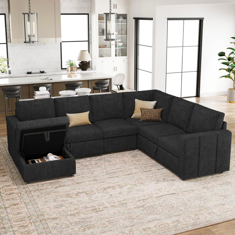 Seybert U Shaped Sofa Set Large Pullout Sofa Bed Modular Sectional Couch With Storage Ottoman, Dark Gray Chenille