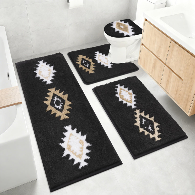 Ebern Designs 4-Piece Soft Absorbent Microfiber Bath Rug Set with Non-Slip Backing — Black