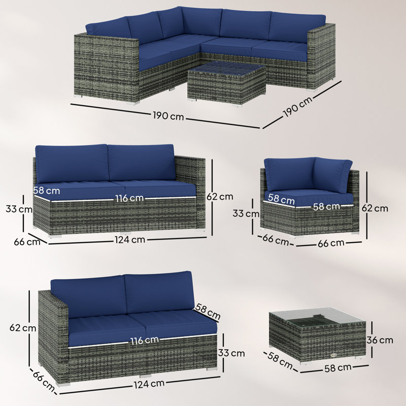 Outsunny 4 Pieces Rattan Garden Furniture Set, Outdoor Corner Sofa, Blue