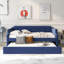 Lit de jour polyvalent rembourré avec lit gigogne, multi-usage pour chambre d'amis et espace de vie, canapé-lit simple en lin bleu classique avec support en lattes de bois