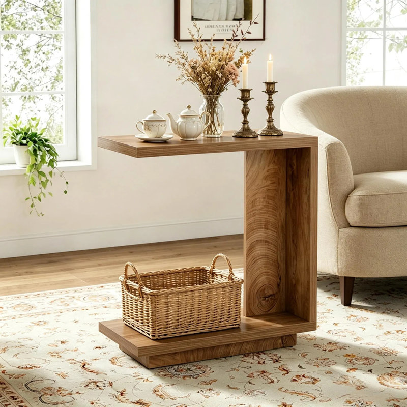 Table de bout en bois en forme de C avec 2 tablettes de rangement ouvertes, table de chevet épaisse en MDF et table de chevet imperméable anti-rayures pour le salon Chambre à coucher